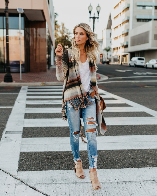 Plus Size Long Sleeve SweaterFringe Detail Long Knit