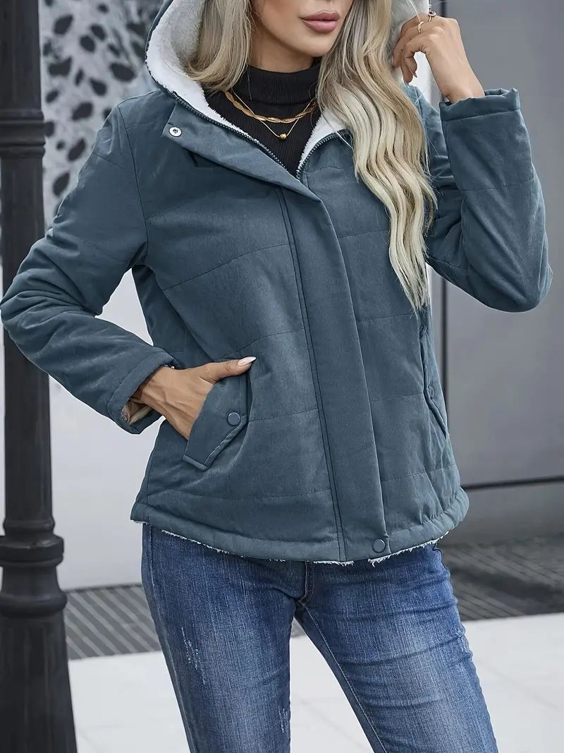 Fleece-Lined Hooded Coat – Winter Preppy Long Sleeve Jacket with Pockets