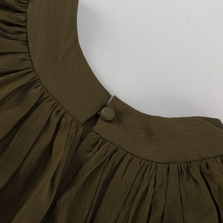 Loose Pleated Long Sleeve Dress Round Neck Waist-Tie Lace-Up