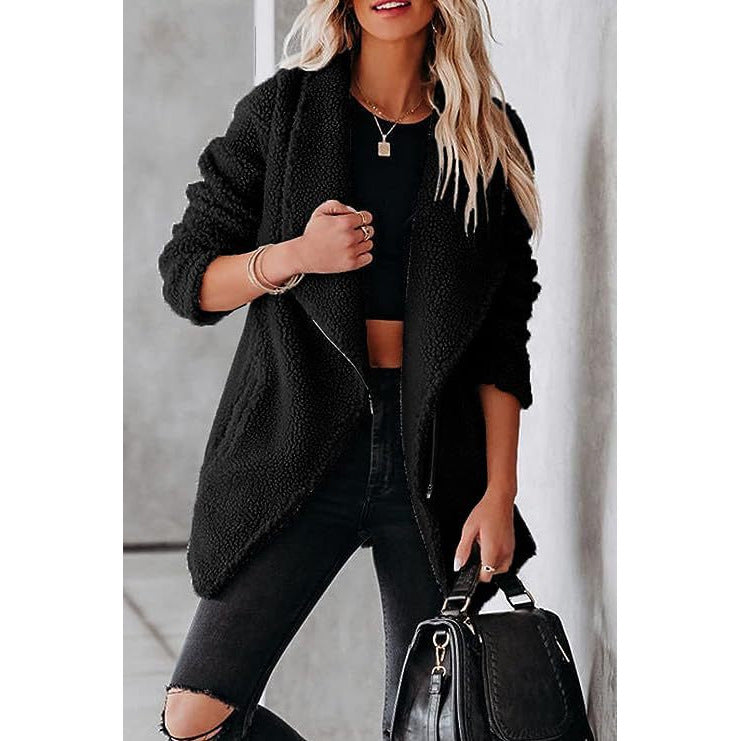 Casual Wool Lamb Jacket Zipper Pocket Fleece Coat