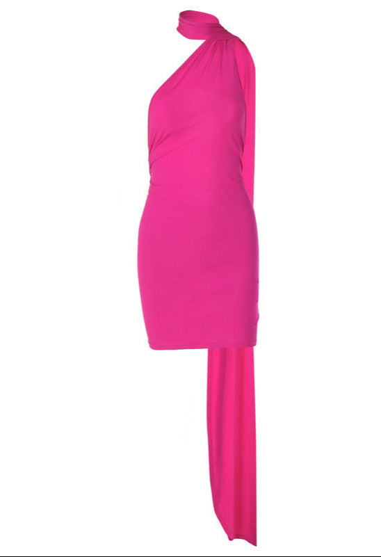 Backless Pleated One-Shoulder Sleeveless Dress