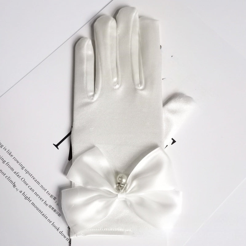 Satin Bow Princess Gloves with Dangling Beads