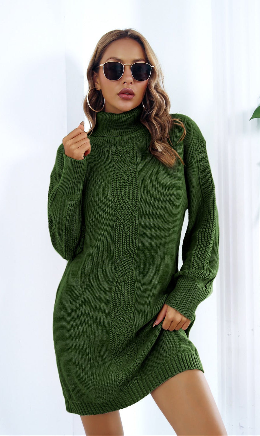 Turtleneck Sweater Dress Twist Knit Lantern Sleeve