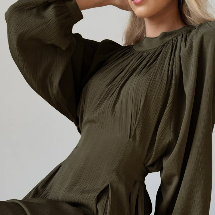 Loose Pleated Long Sleeve Dress Round Neck Waist-Tie Lace-Up