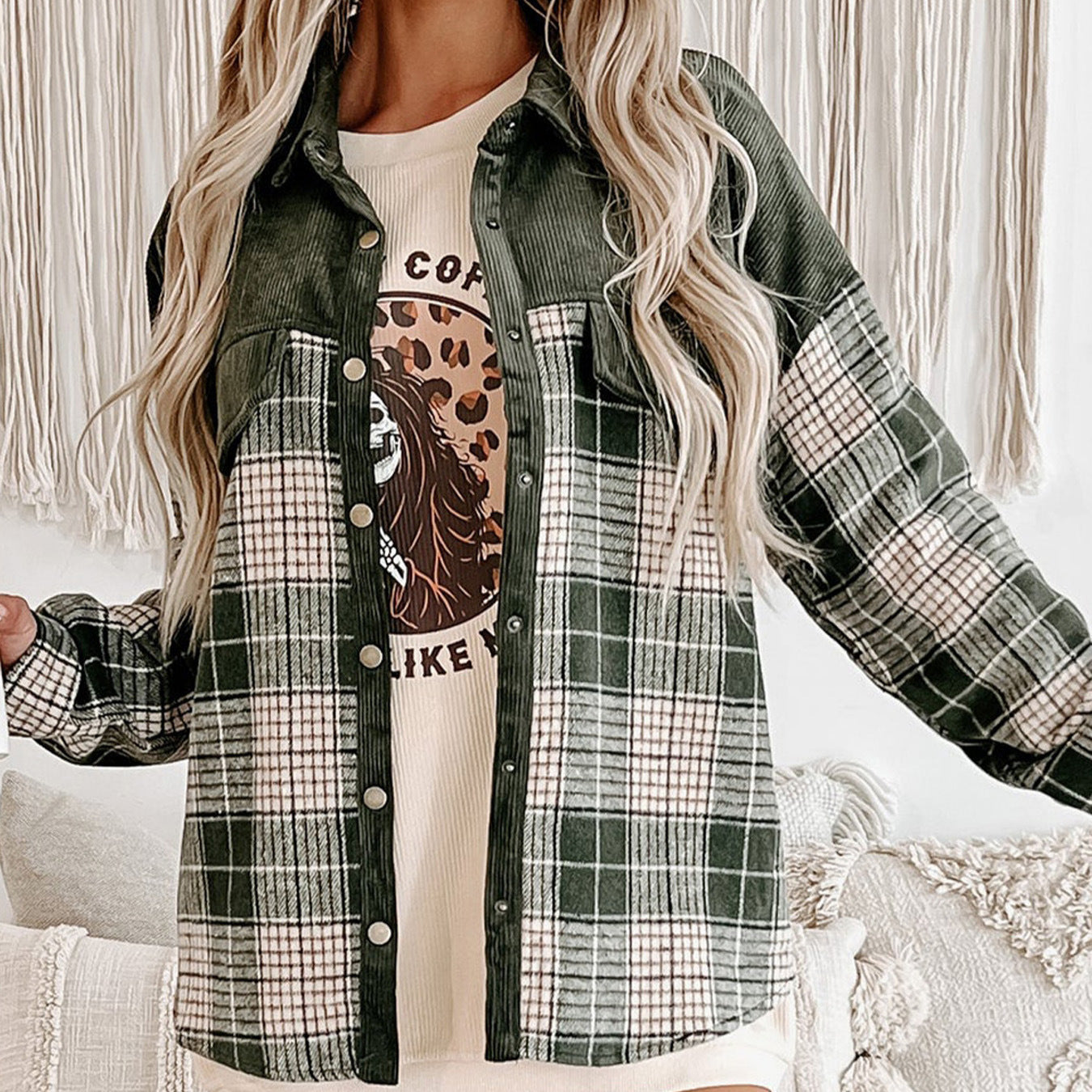 New Plaid Colorblock Shirt Coat