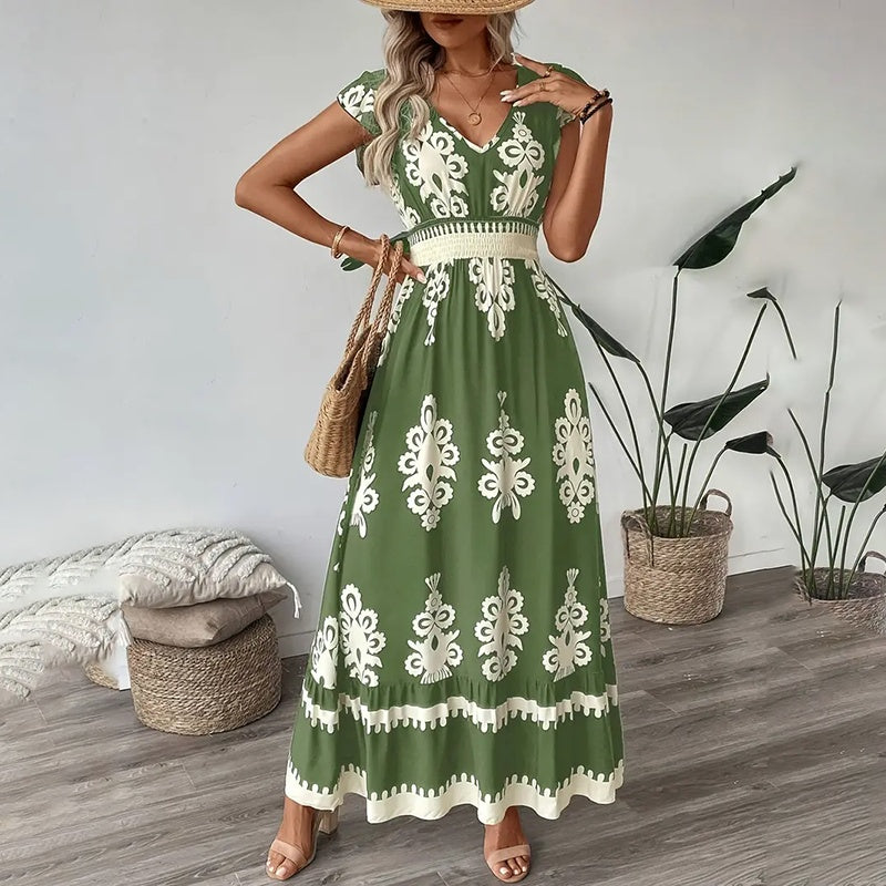 Maxi Dress for Women Casual V Neck Cap Sleeve