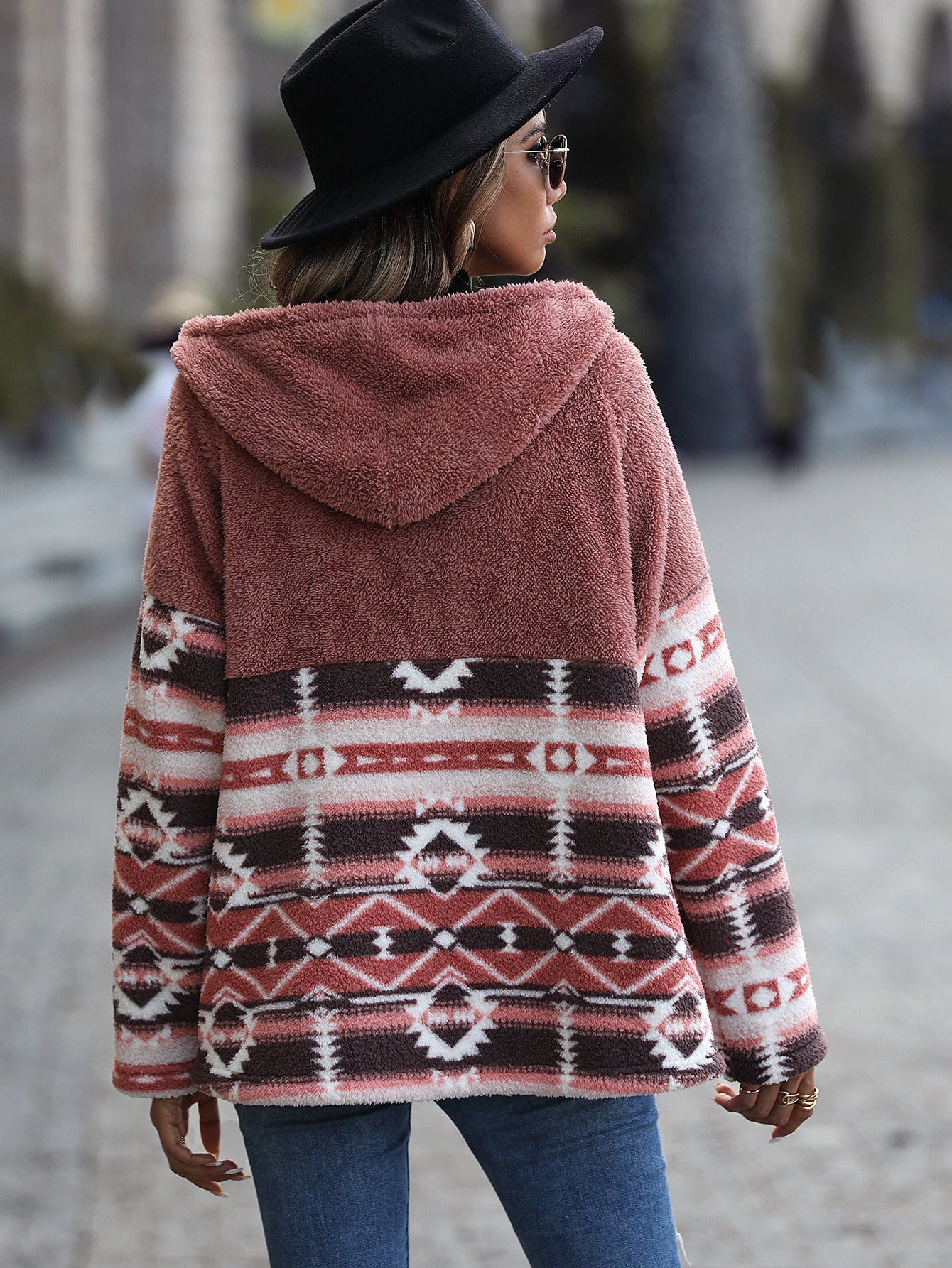 Hooded Long-Sleeve Jacket Geometric Print with Buttons