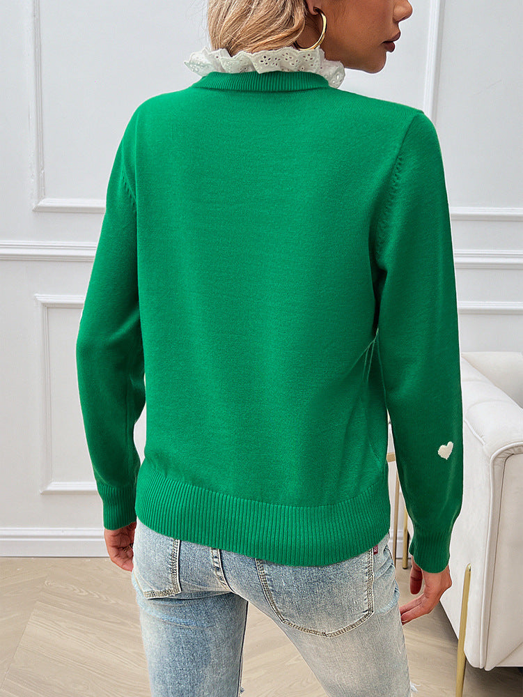 Sweet Cute Embroidered Love Sweater with Lace Collar