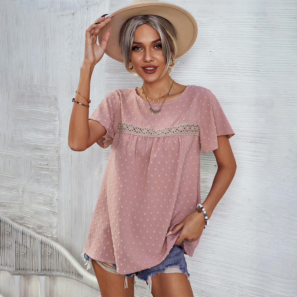 Short Sleeve Summer Top Blouse Solid Color Lace
