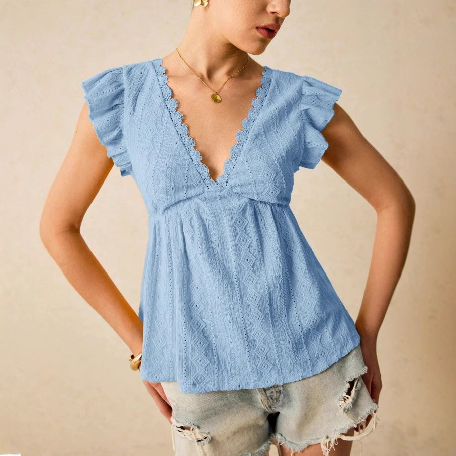 Hollowed-Out V-Neck Lace Top Ruffled Short Sleeve