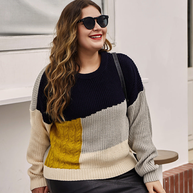 Plus Size Round Neck Long Sleeve Wool Warm Sweater