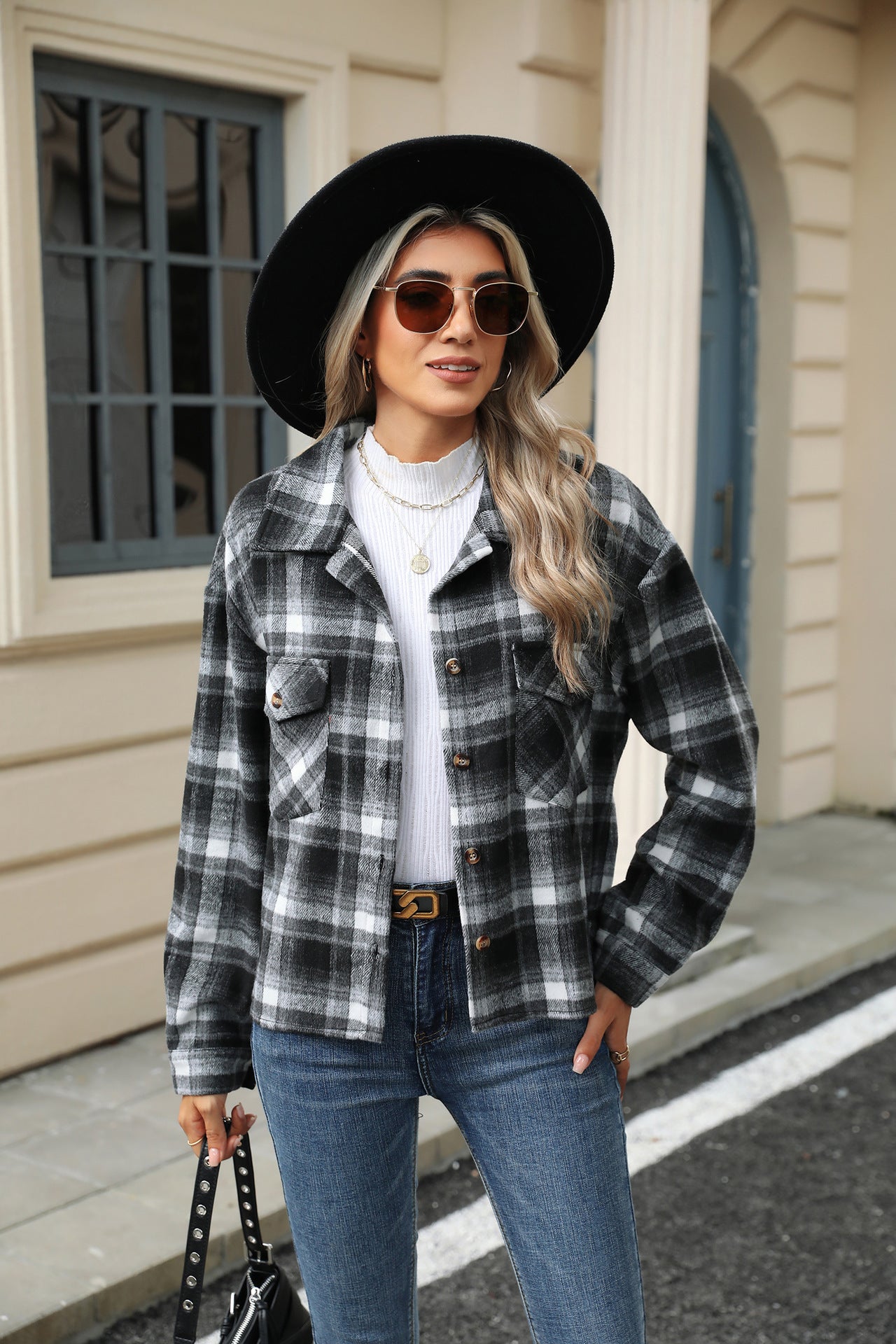 Lapel Plaid Button Loose Long-sleeved Woolen Coat