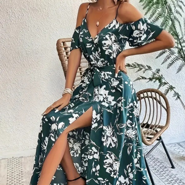 Flower Print Split Suspender Dress Lace-Up Long