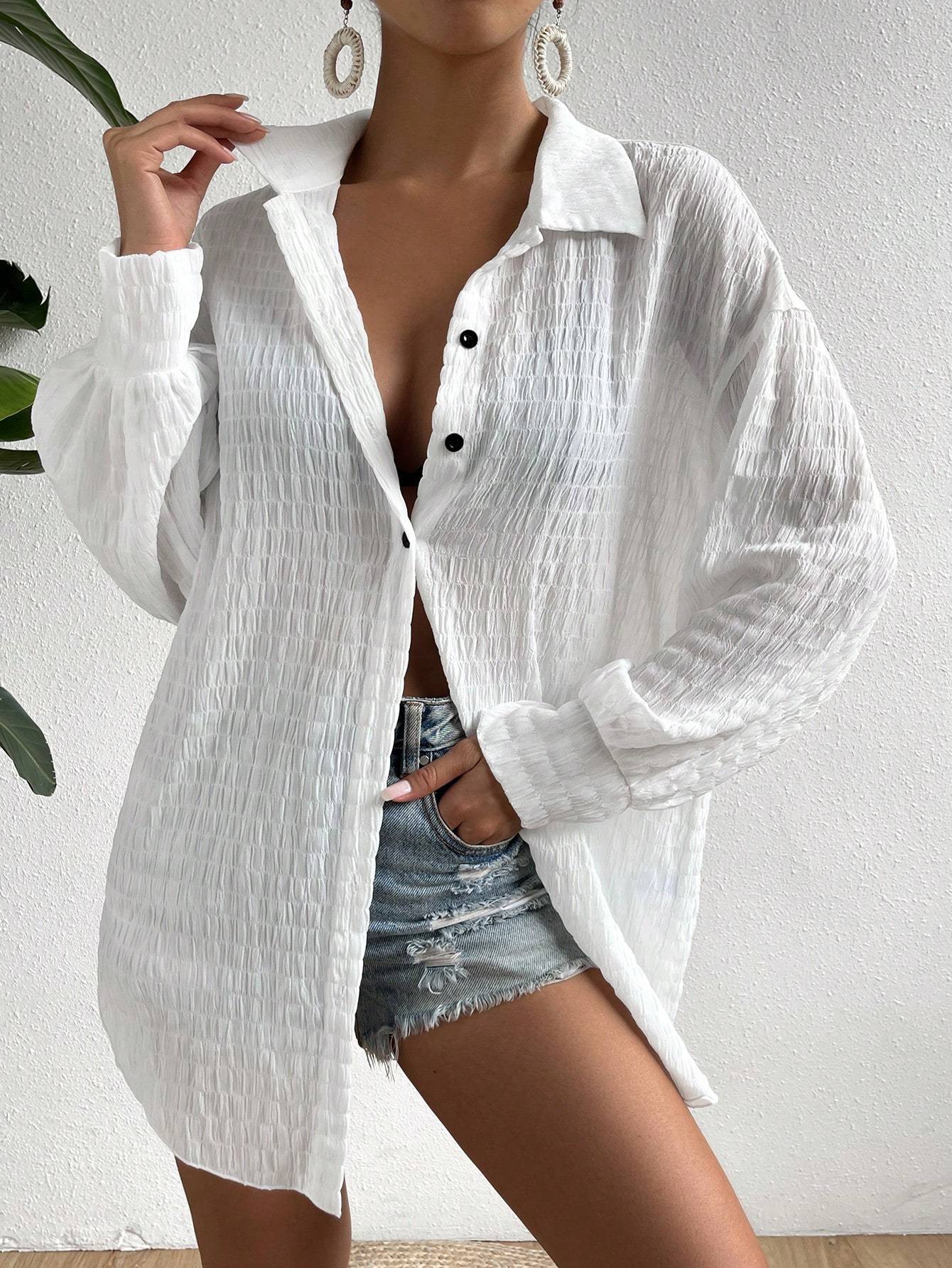 Drop Shoulder Kimono Cardigan – Long Sleeve Button Front Top