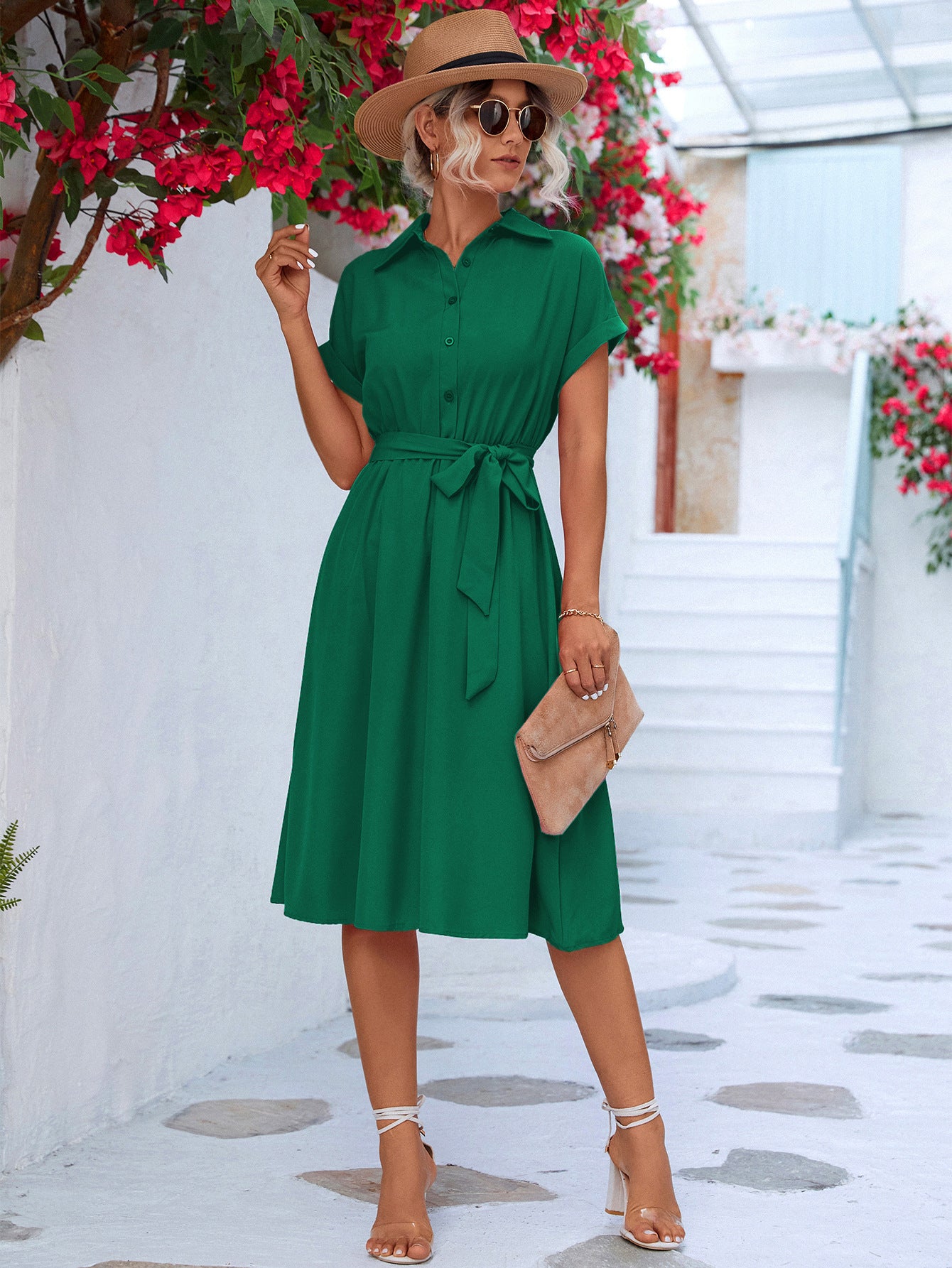 Lace-Up Shirt Dress Long Sleeve Button Down