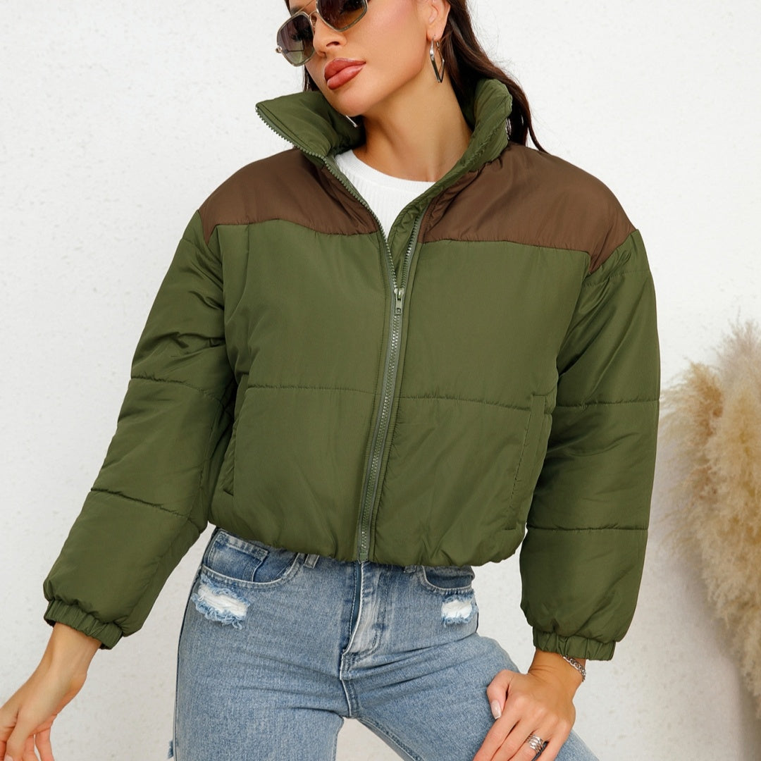 Solid Cotton-Padded Jacket Round Neck Long Sleeve with Zipper & Pockets