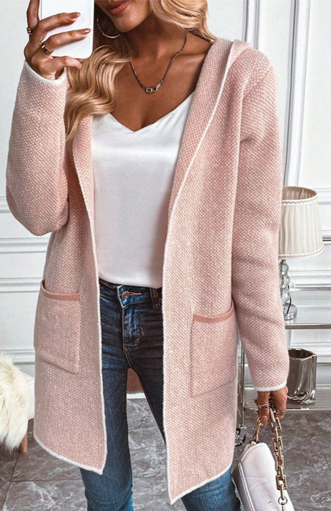 Loose Knitted Hooded Long Sleeve Coat with Pockets