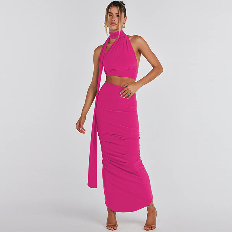 Backless Tube Top & Pleated Skirt Set Two-Piece