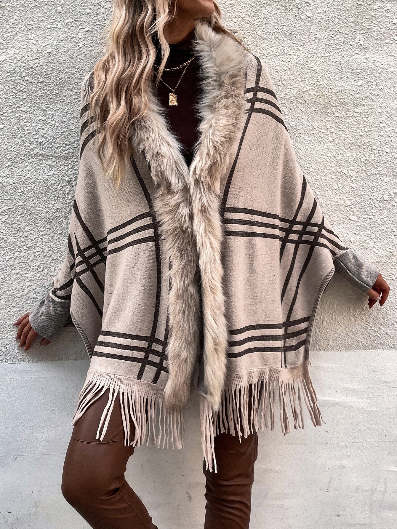 Mosaic Plaid Sweater Shawl Knit Cardigan