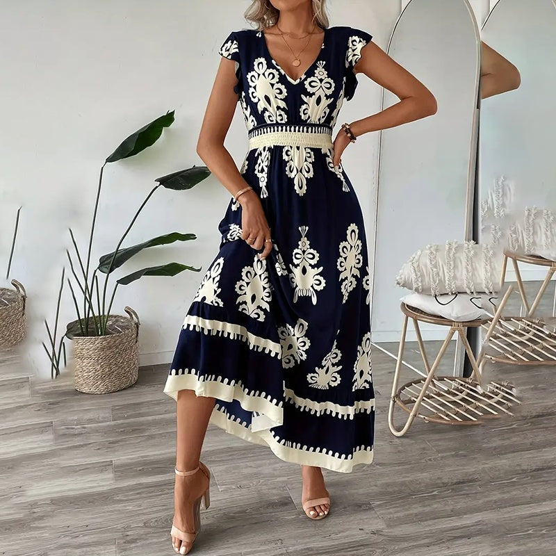Maxi Dress for Women Casual V Neck Cap Sleeve