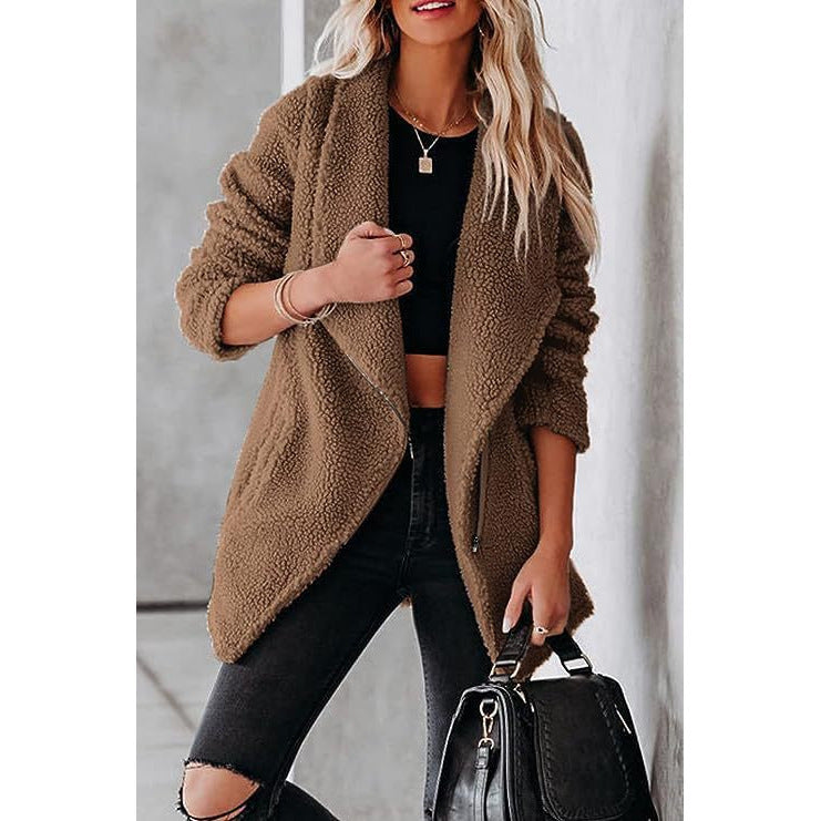 Casual Wool Lamb Jacket Zipper Pocket Fleece Coat
