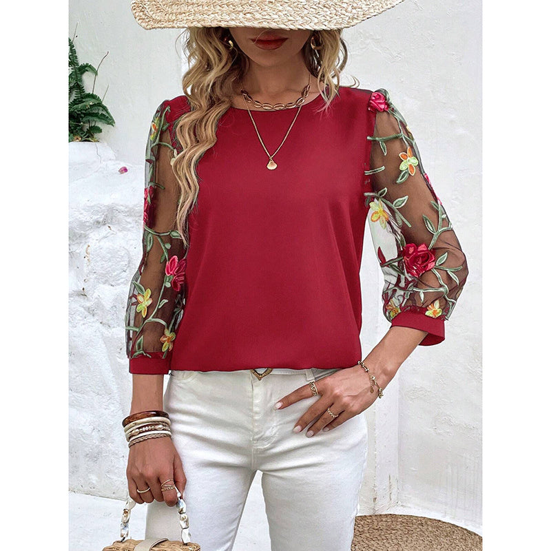 Floral Embroidered Sheer Mesh Puff Sleeve Top Boho Crew Neck