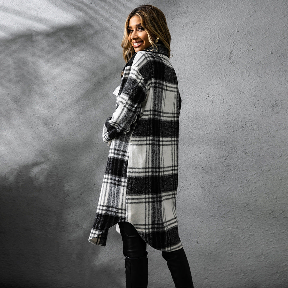 Plaid Wool Coat Single Row Button Long Winter Jacket