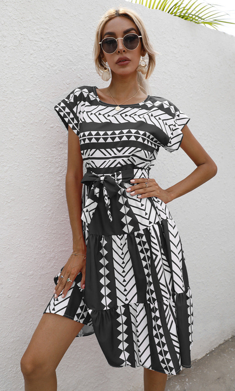 Round Neck Short Sleeve Dress One-Piece