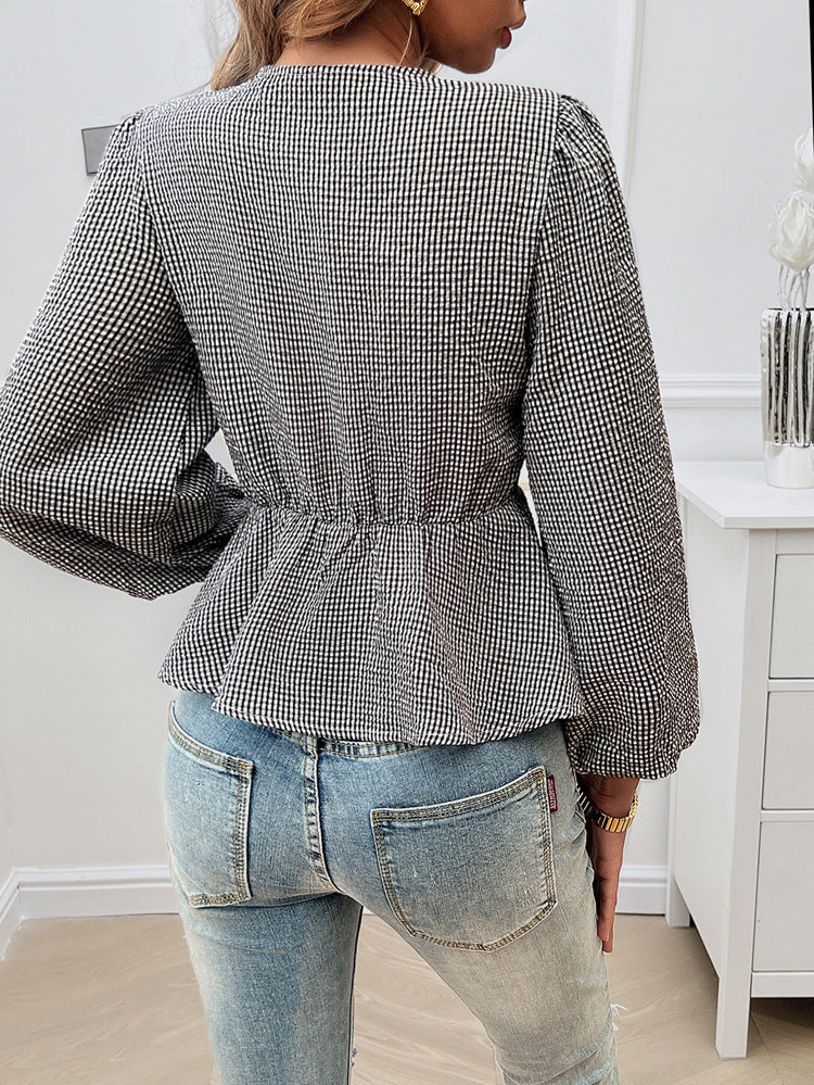 Elegant Contrast Color Tie Long Sleeve Shirt Stylish Blouse