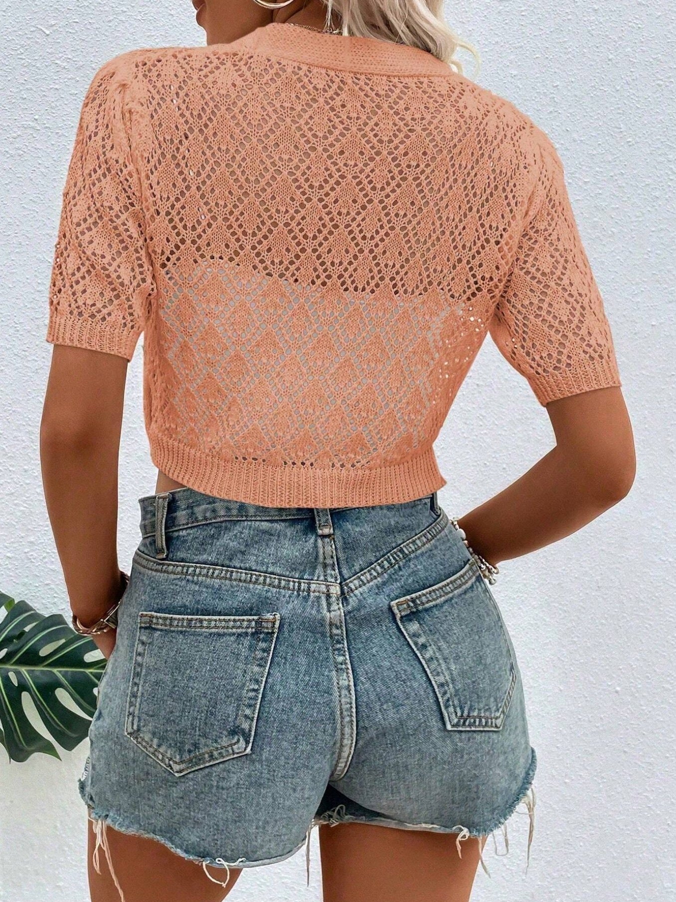 Front Button Pointelle Knitted Cropped Cardigan Sweater
