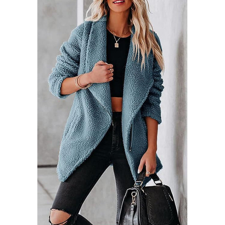 Casual Wool Lamb Jacket Zipper Pocket Fleece Coat