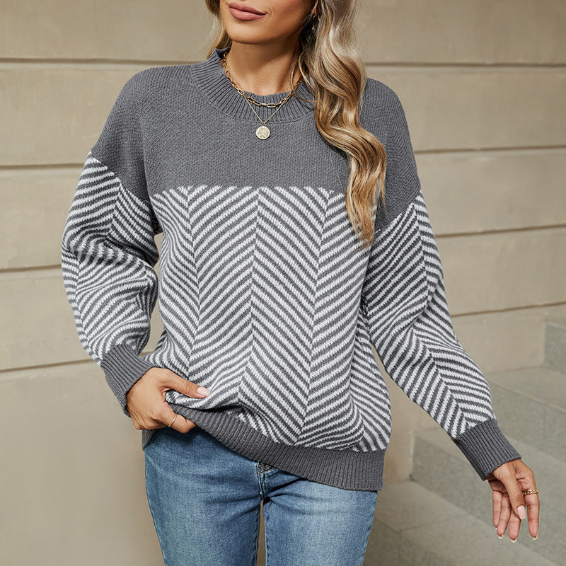 Striped Loose Pullover Sweater – Collage Stitch Design