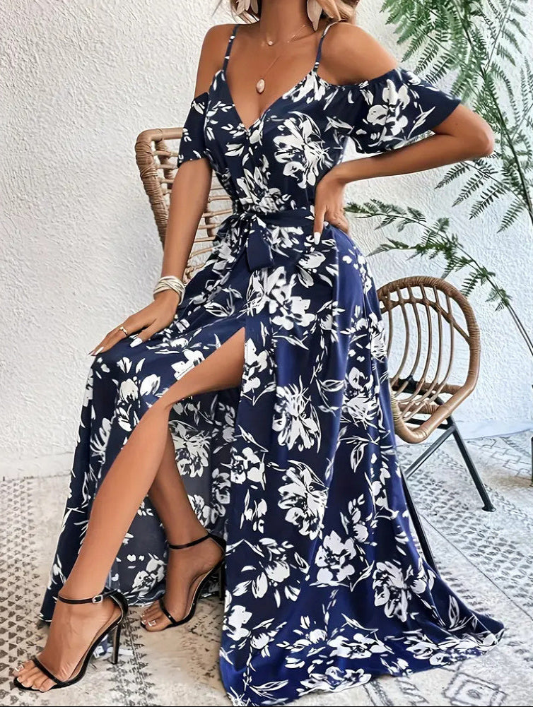 Flower Print Split Suspender Dress Lace-Up Long