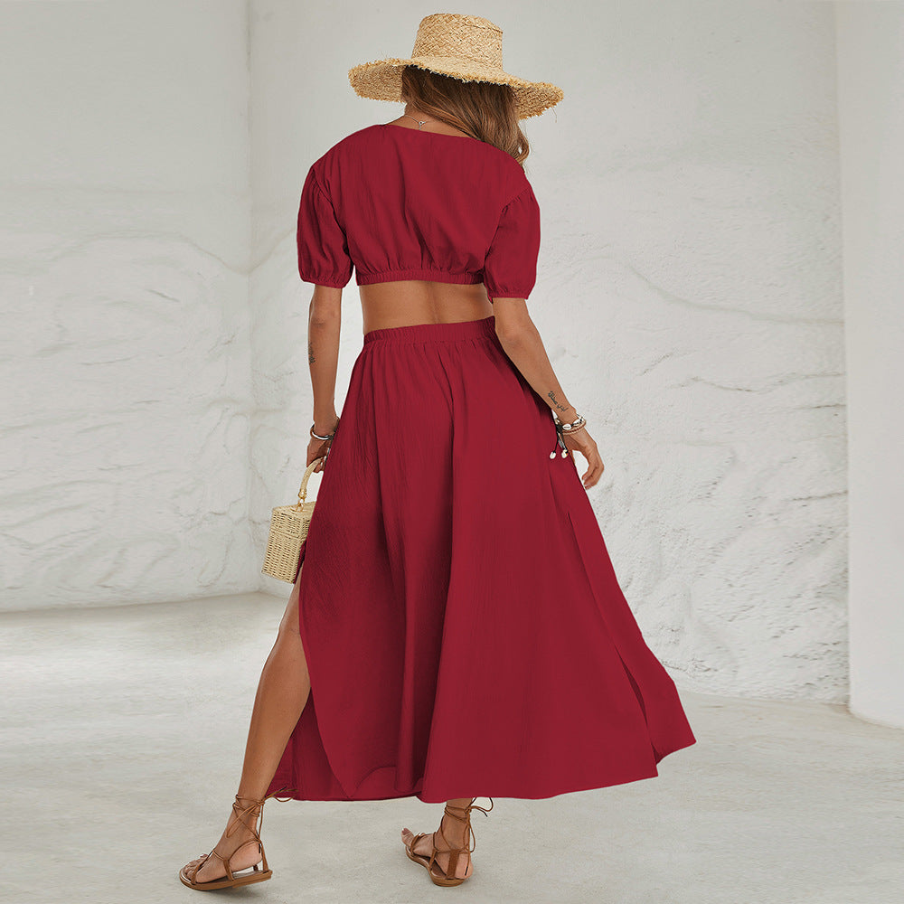Two-Piece Outfit Solid Midi Skirt Fashion Set