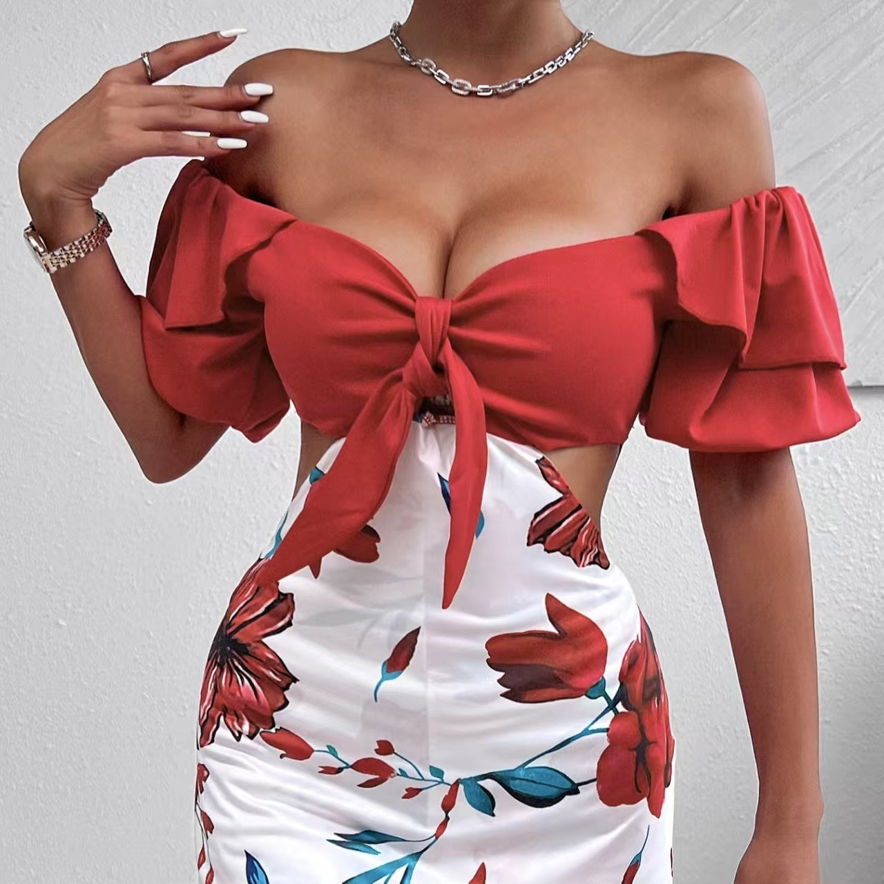 Floral Print Off-Shoulder Jumpsuit Knot