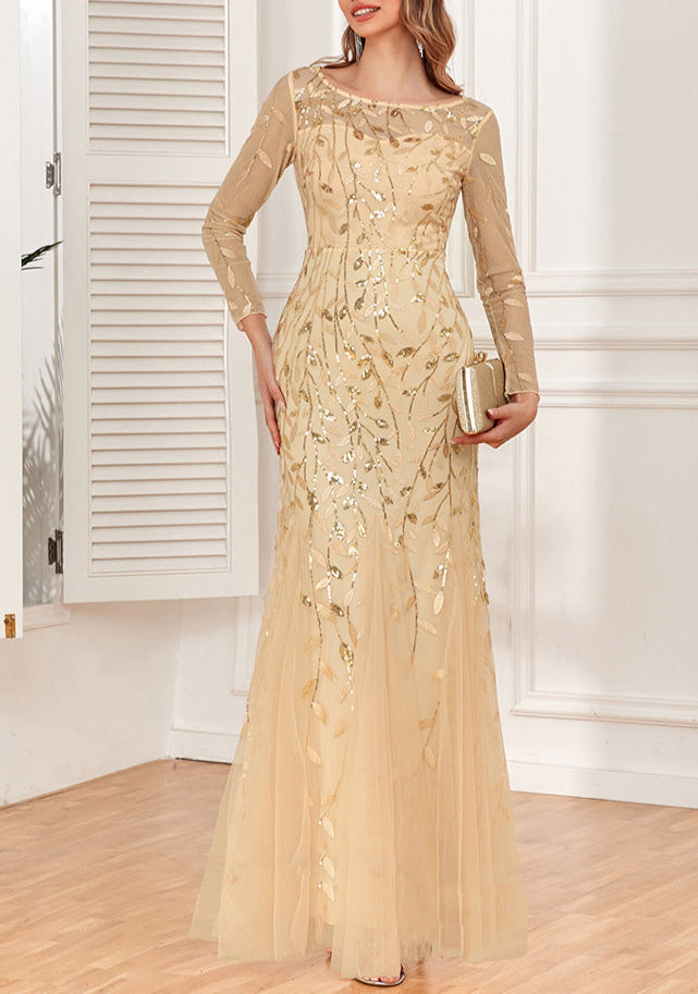 Long Sleeve Round Neck Dress with Back Zipper & Fishtail Skirt