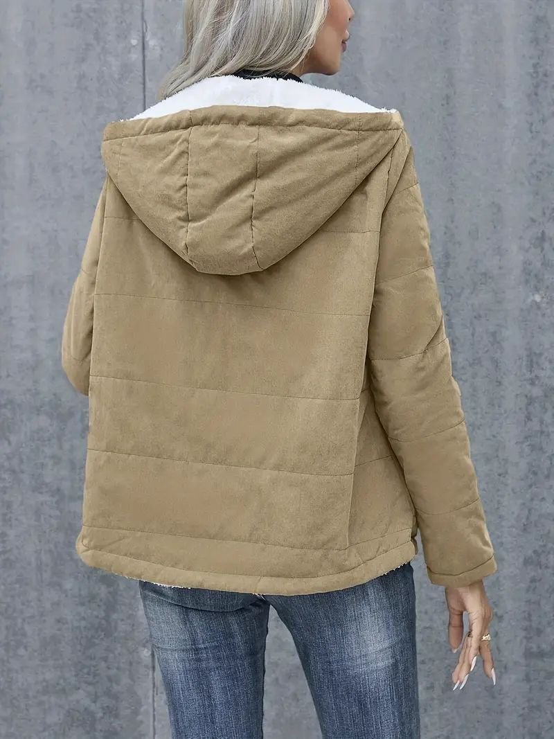 Fleece-Lined Hooded Coat – Winter Preppy Long Sleeve Jacket with Pockets