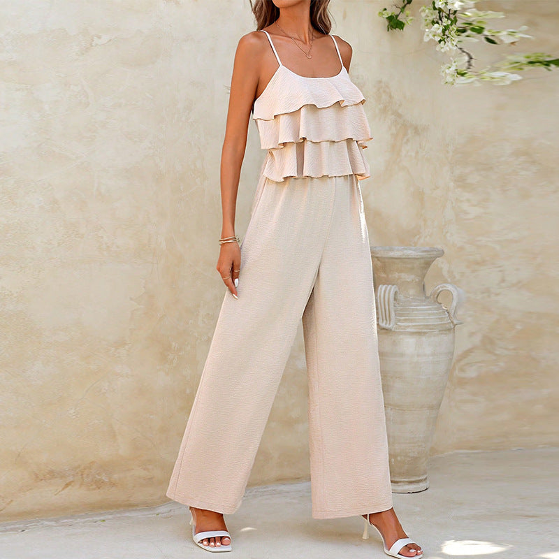 European & American Style Lotus Leaf Suspender Jumpsuit