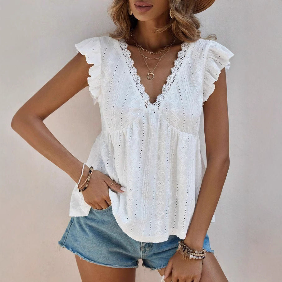 Hollowed-Out V-Neck Lace Top Ruffled Short Sleeve