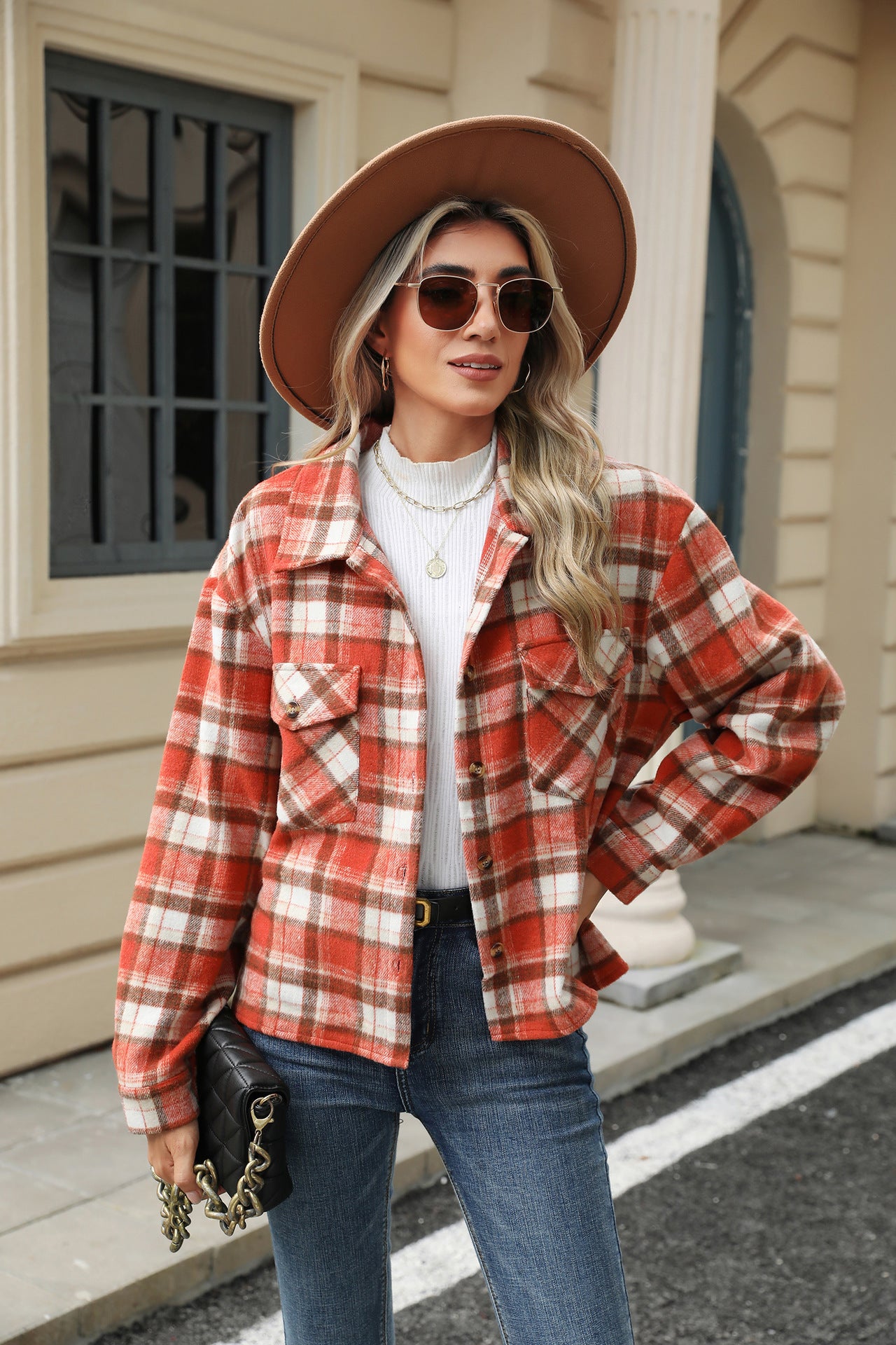 Lapel Plaid Button Loose Long-sleeved Woolen Coat