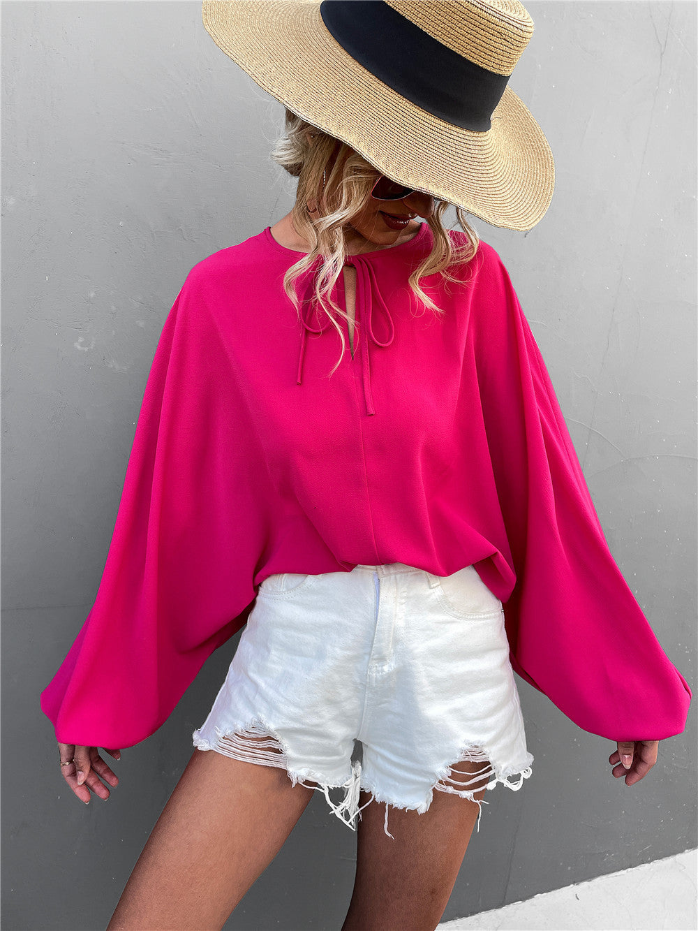 Lantern Sleeve V-Neck Loose Casual Top – Tie Front Blouse