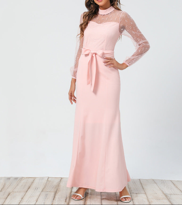 Lace Long Sleeve Dress Round Neck Tie