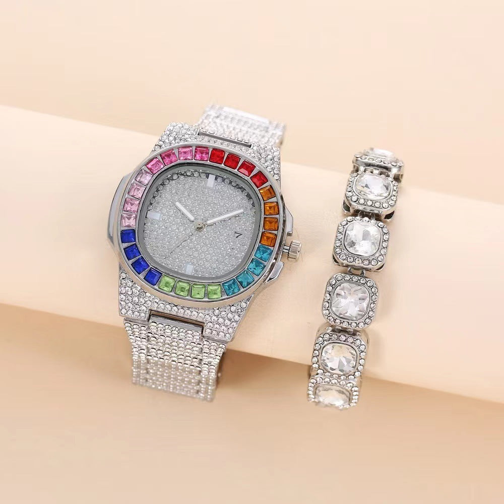 Square Quartz Watch Full Diamond Inlaid Color Stones with Steel Belt Box