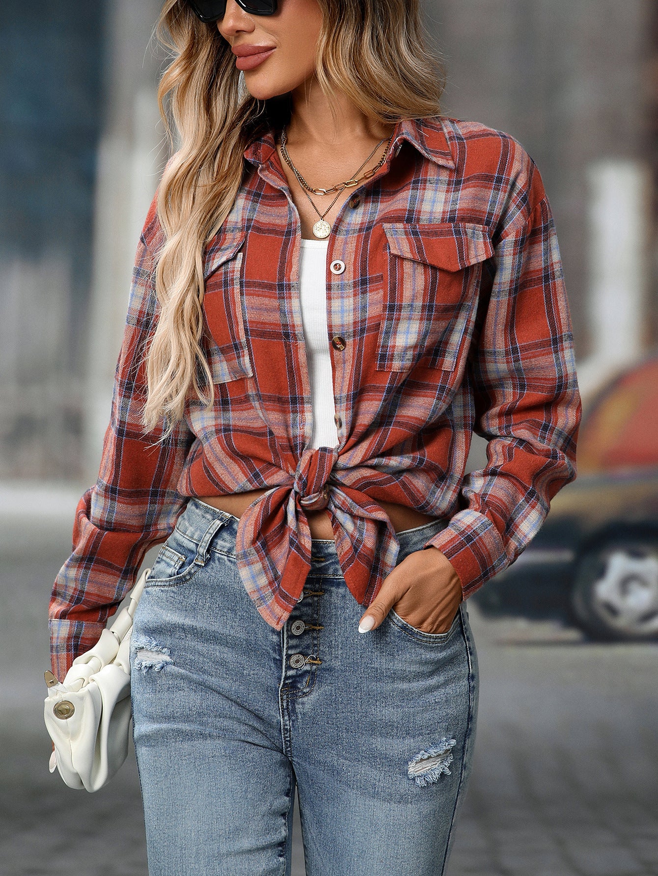 Loose Plaid Shirt Pocket Button