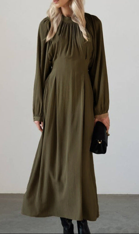 Loose Pleated Long Sleeve Dress Round Neck Waist-Tie Lace-Up