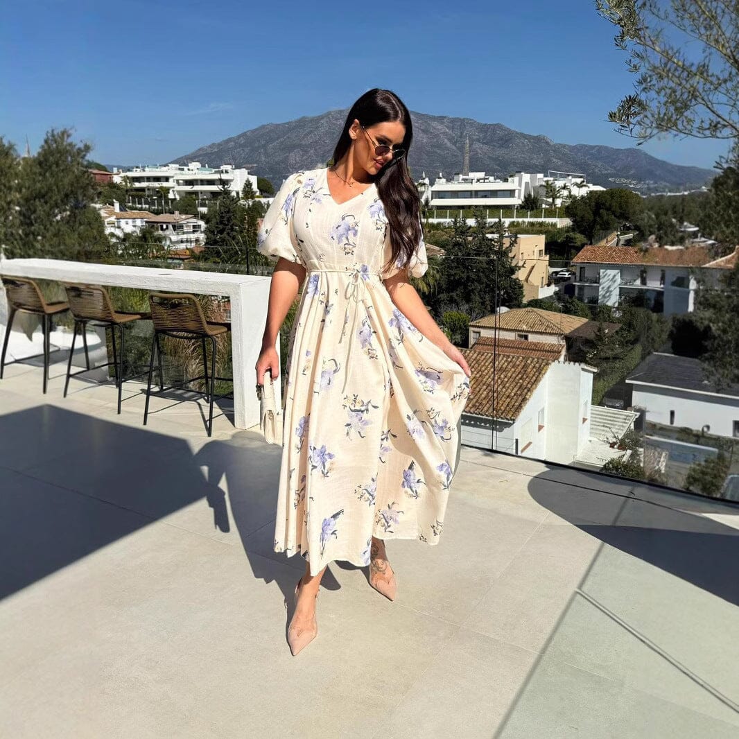 New V-neck Puff Sleeve Printed Lace-up Large Swing Dress Dresses VAYORK STARS