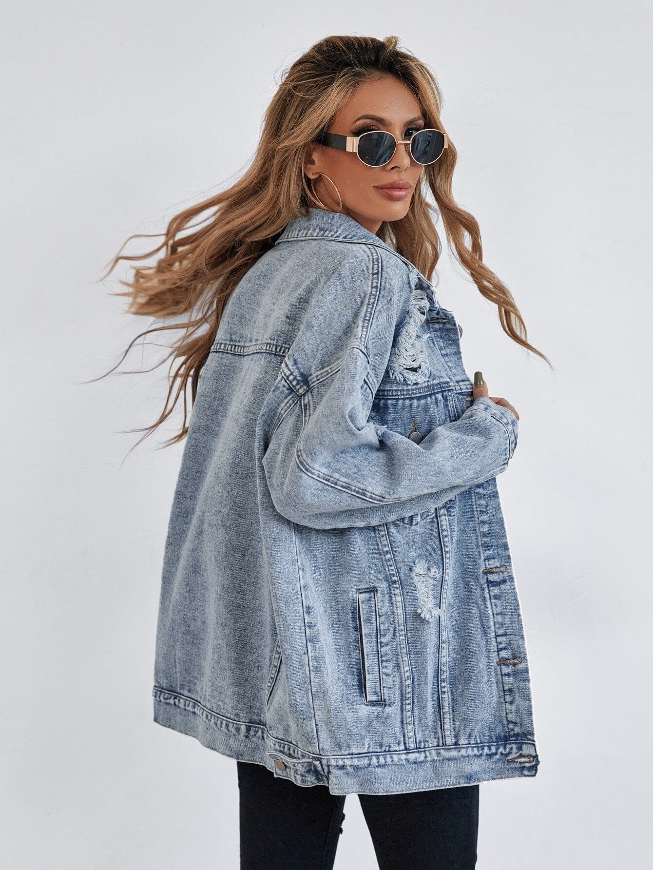 Button Blue Front Flap Pocket Drop Shoulder Denim Jacket Jeans & Denim VAYORK STARS