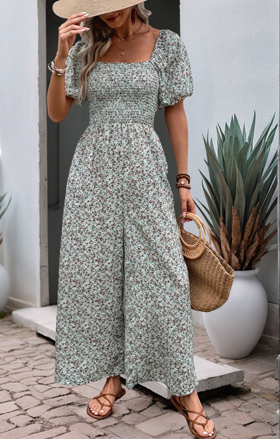 Floral Jumpsuit Square Collar Puff Sleeve