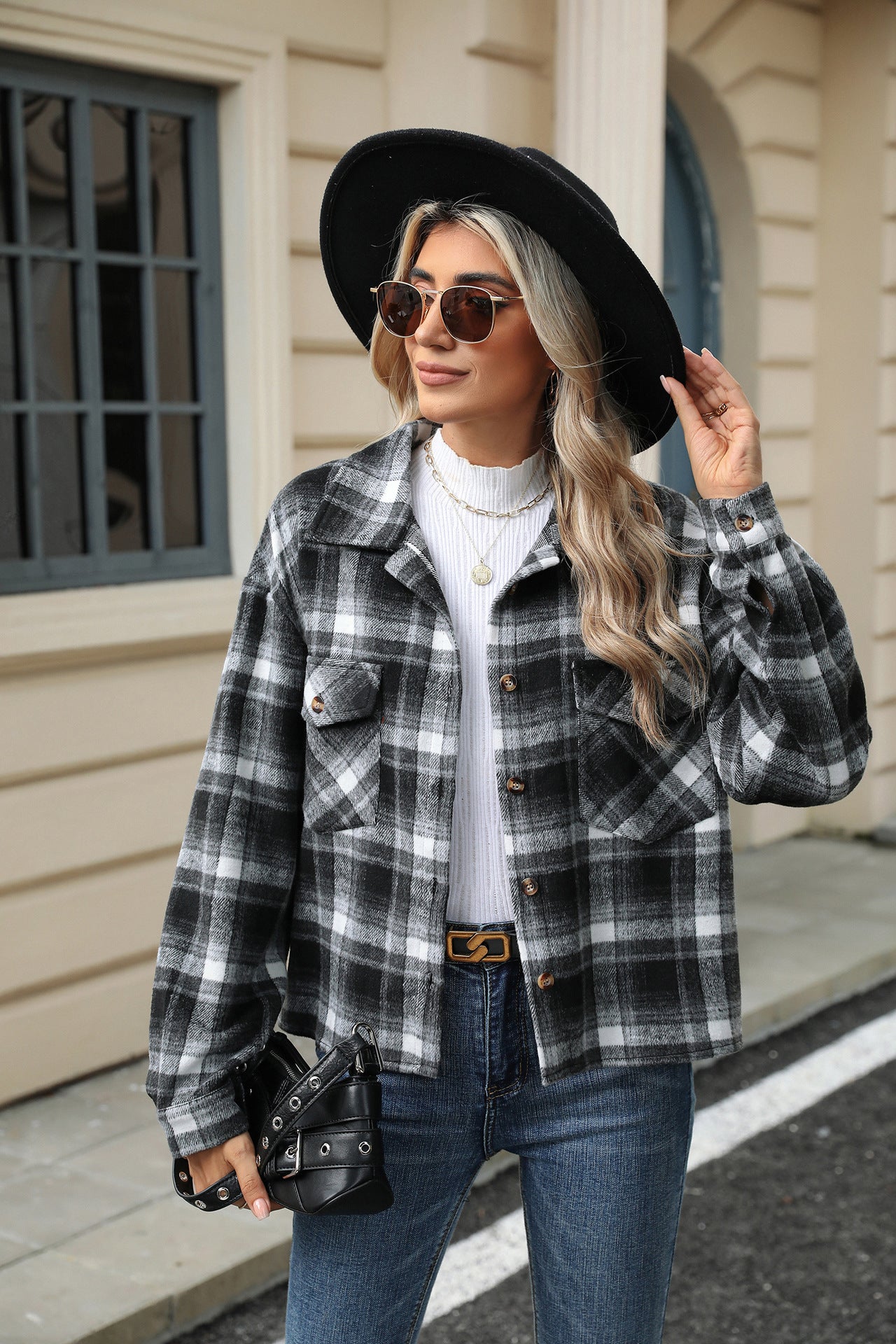 Lapel Plaid Button Loose Long-sleeved Woolen Coat