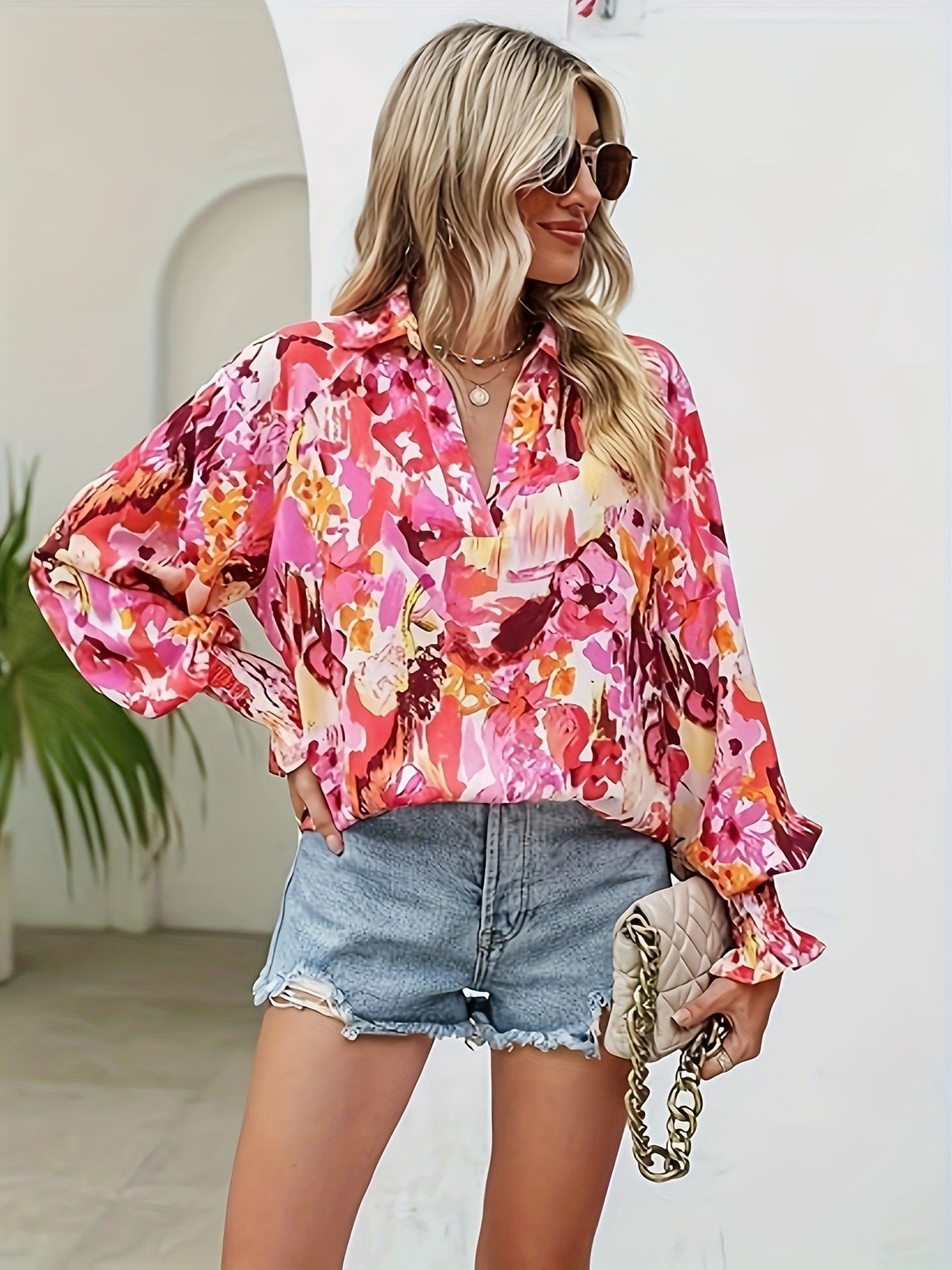 V-Neck Printed Top Lantern Sleeve Long Sleeve Shirt Blouse